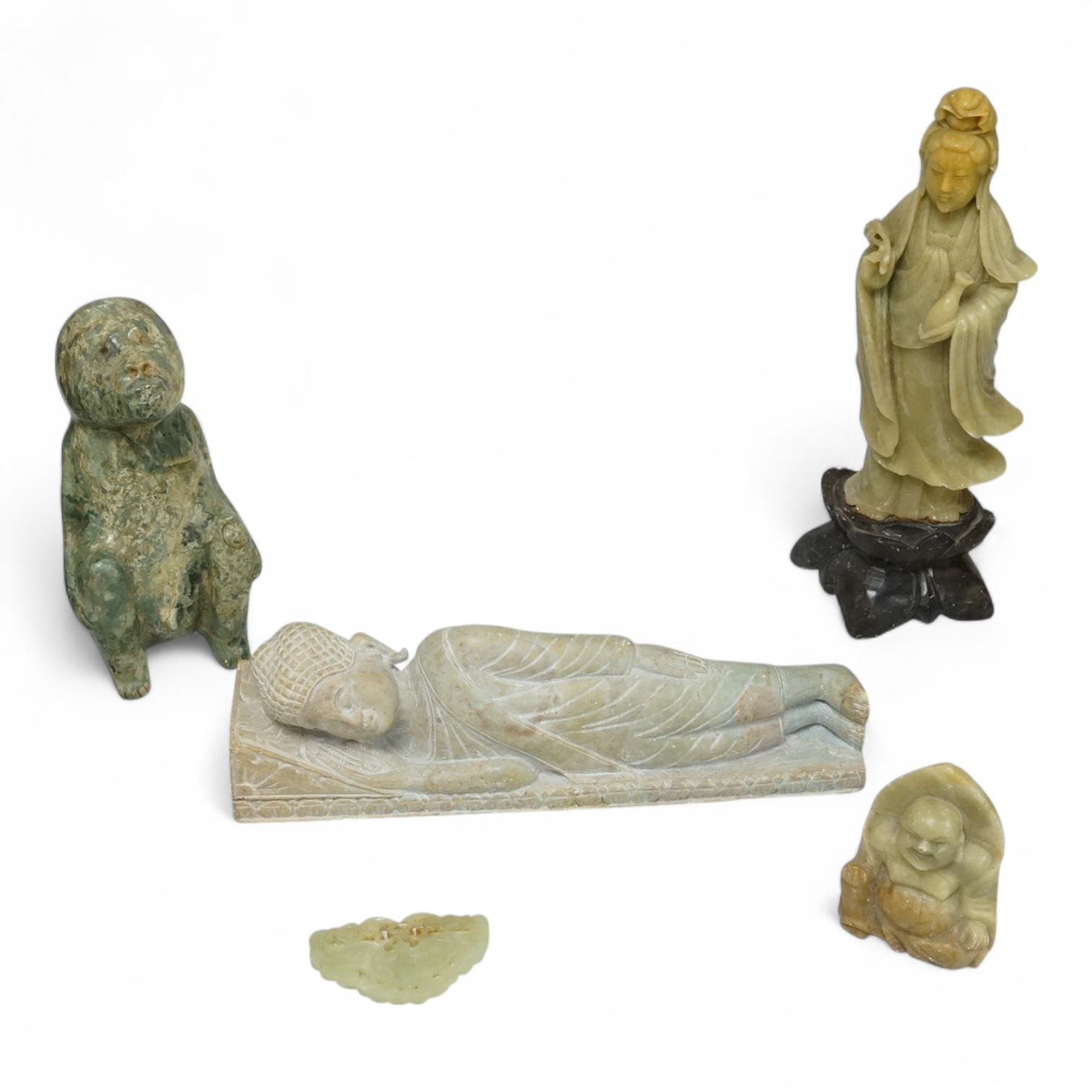 A collection of hardstone carvings, reclining figure 20cm